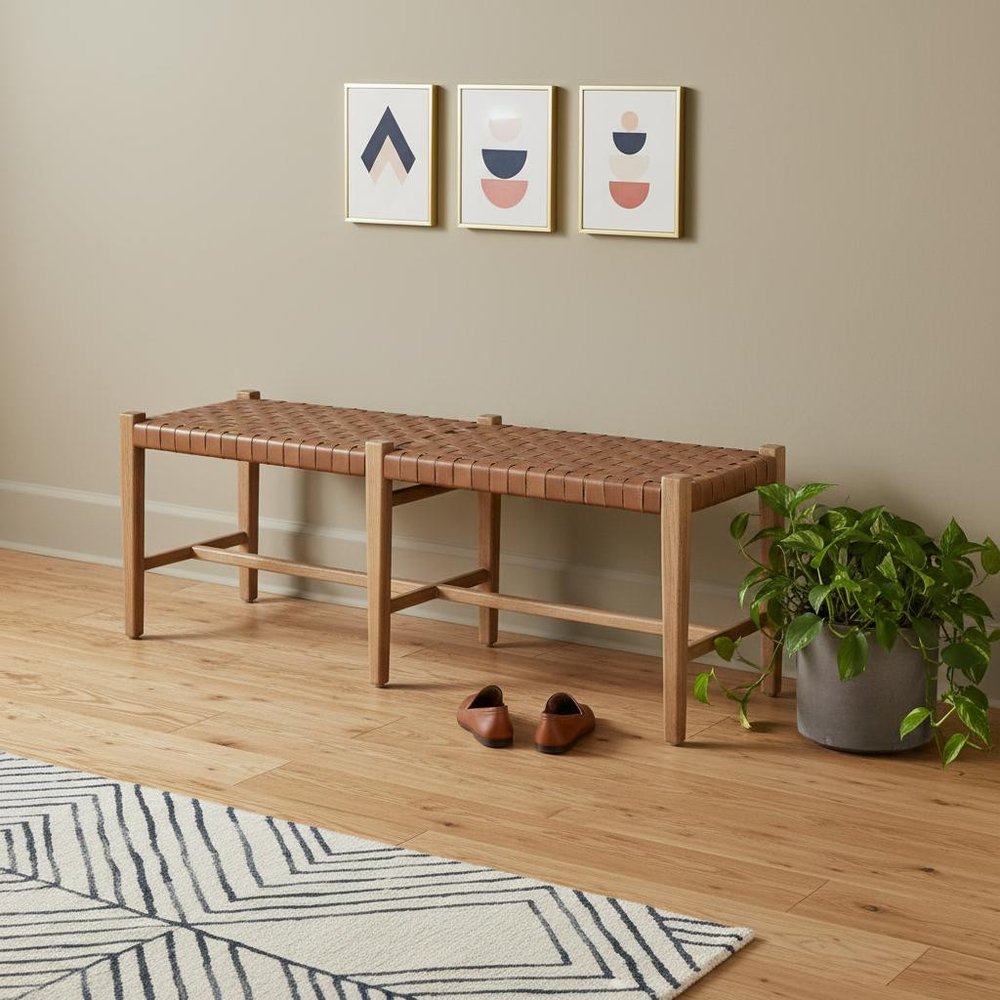 52" Brown Genuine Leather and Solid Wood Upholstered Bench