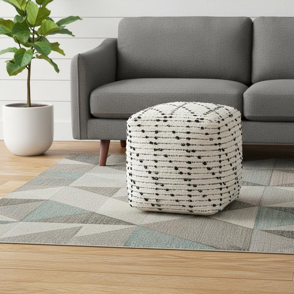16" Cream And Black Cotton Geometric Cube Pouf Ottoman