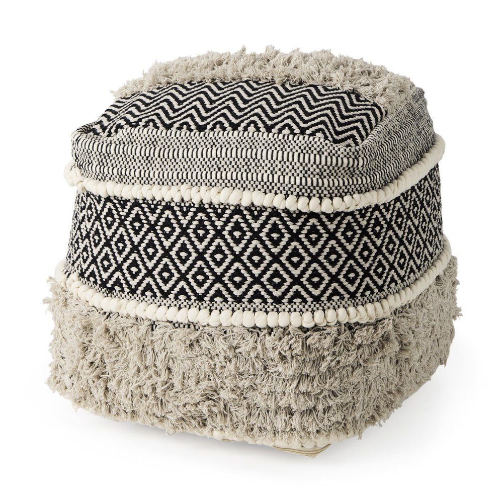 16" Black Gray and White Cotton Geometric Pouf Ottoman