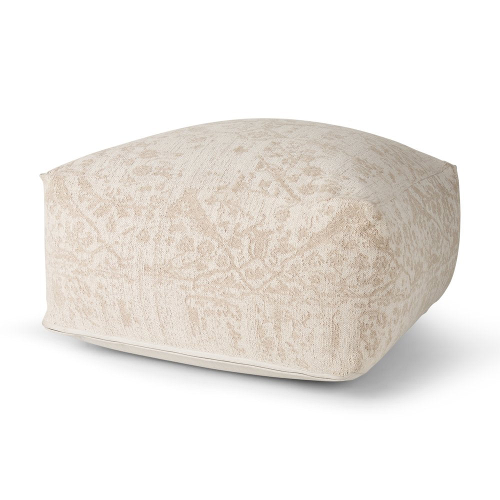 36" Beige and Cream Chenille Damask Pouf Ottoman