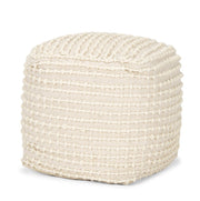 16" Beige and Cream Wool Striped Cube Pouf Ottoman