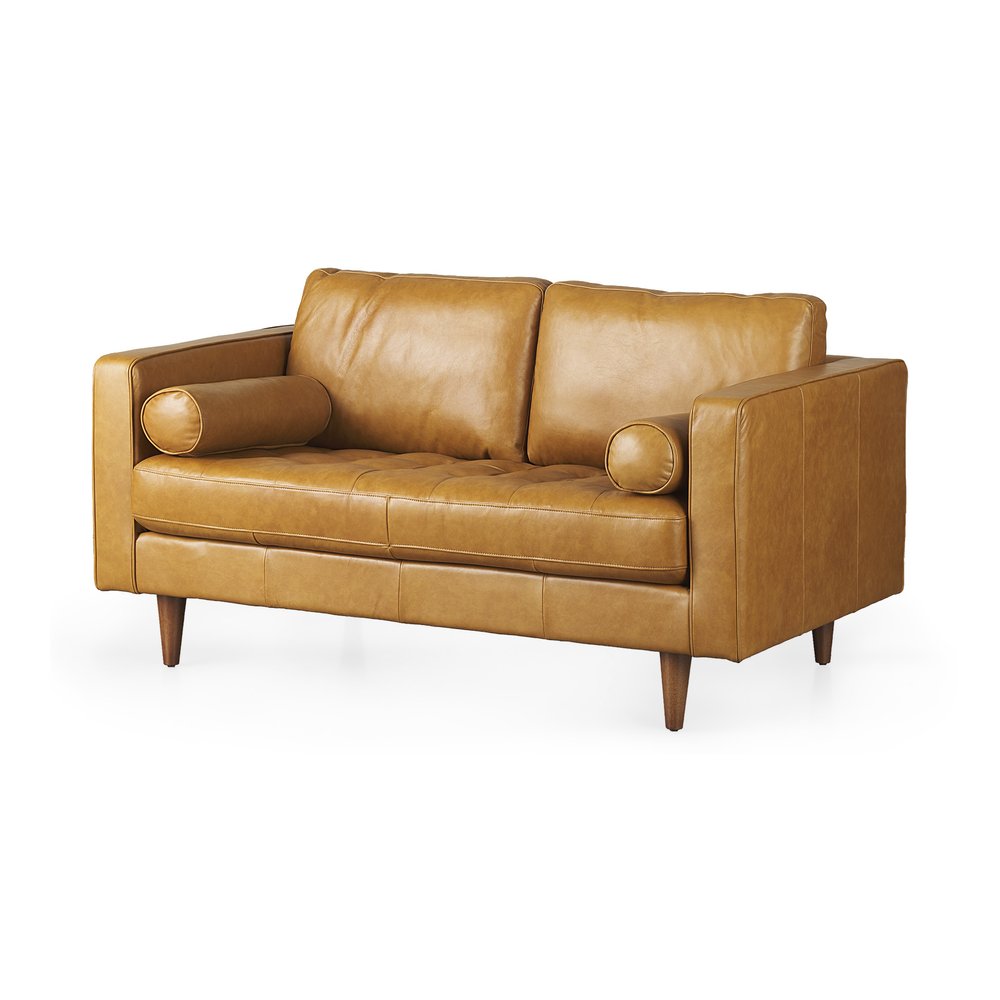 65" Tan Leather Sofa With Brown Legs