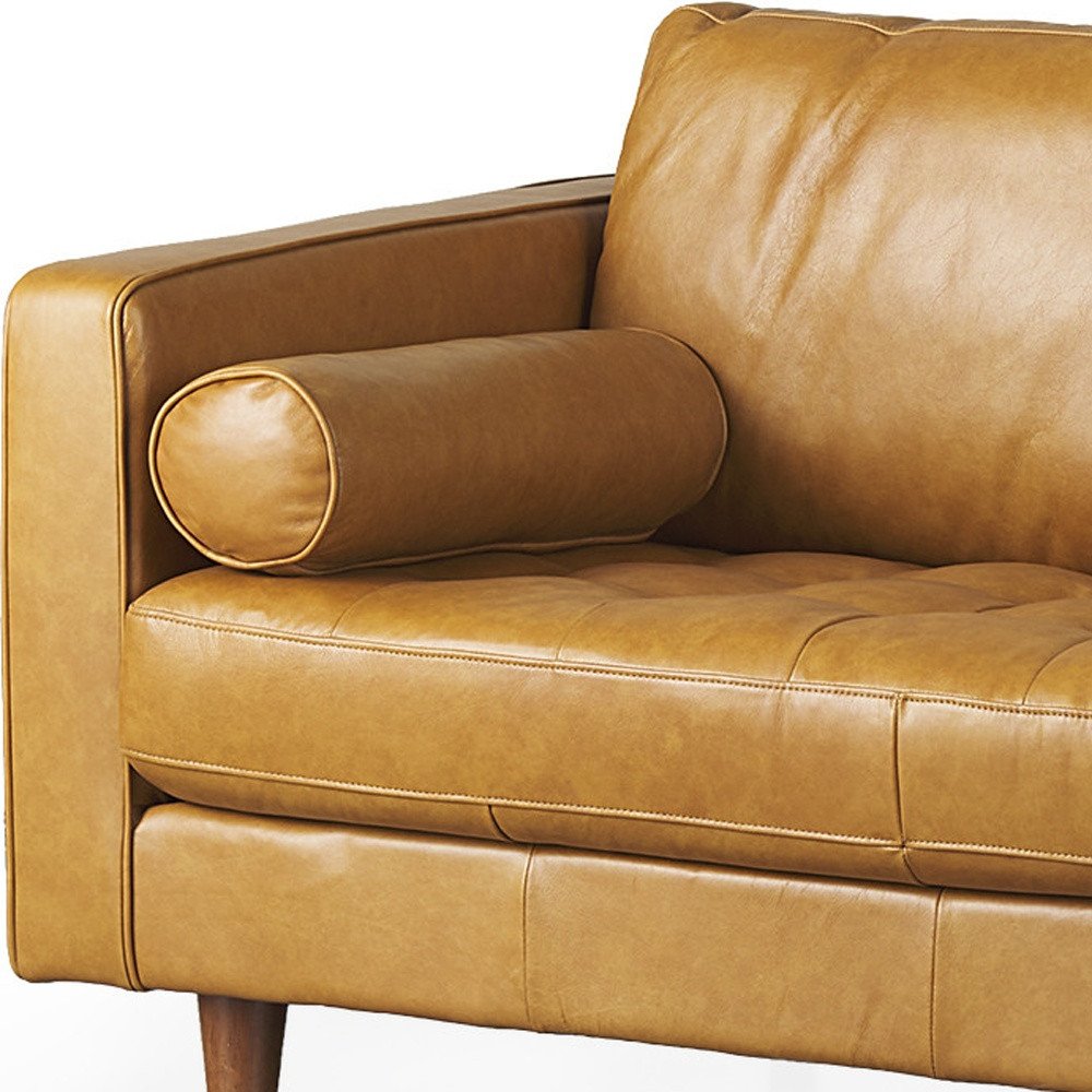 65" Tan Leather Sofa With Brown Legs