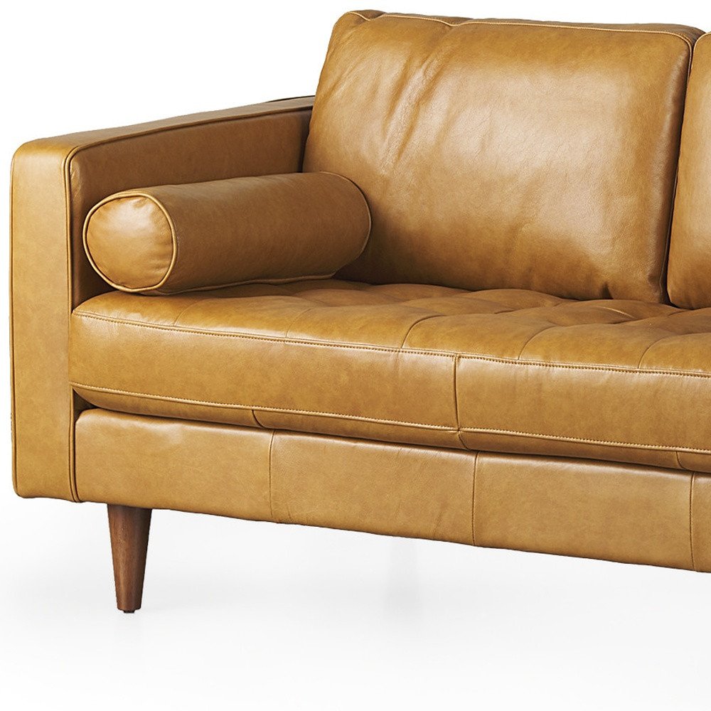 65" Tan Leather Sofa With Brown Legs