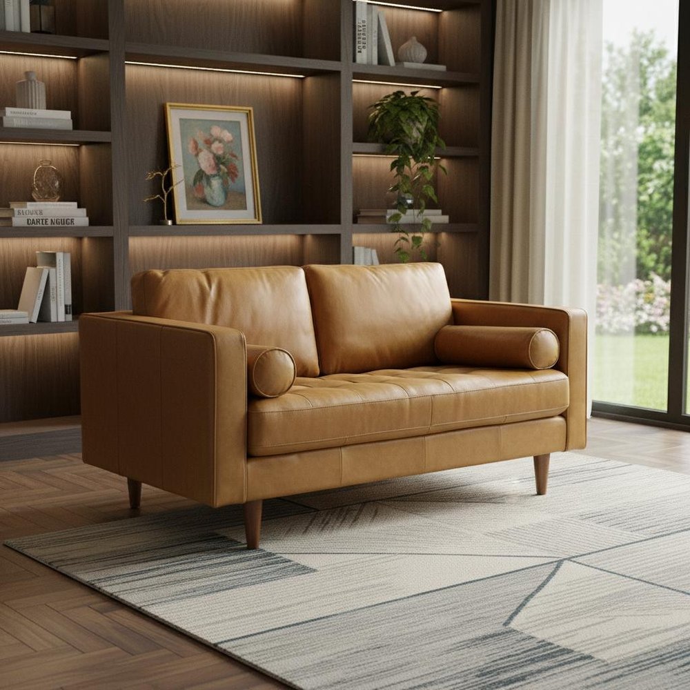 65" Tan Leather Sofa With Brown Legs