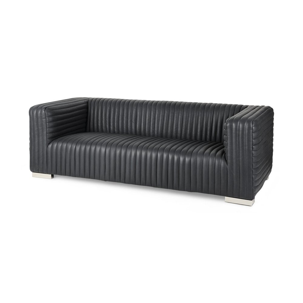 83" Black Leather Sofa With Silver Legs
