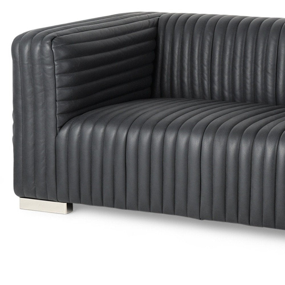 83" Black Leather Sofa With Silver Legs