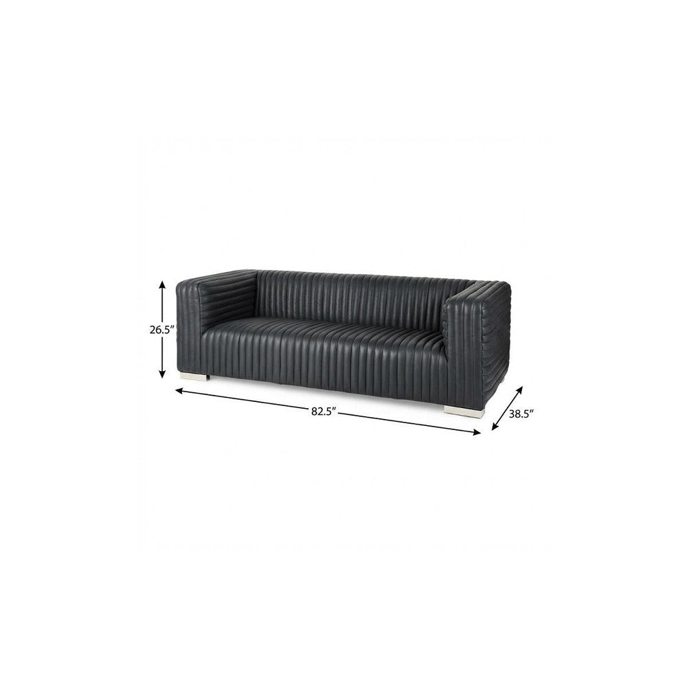 83" Black Leather Sofa With Silver Legs
