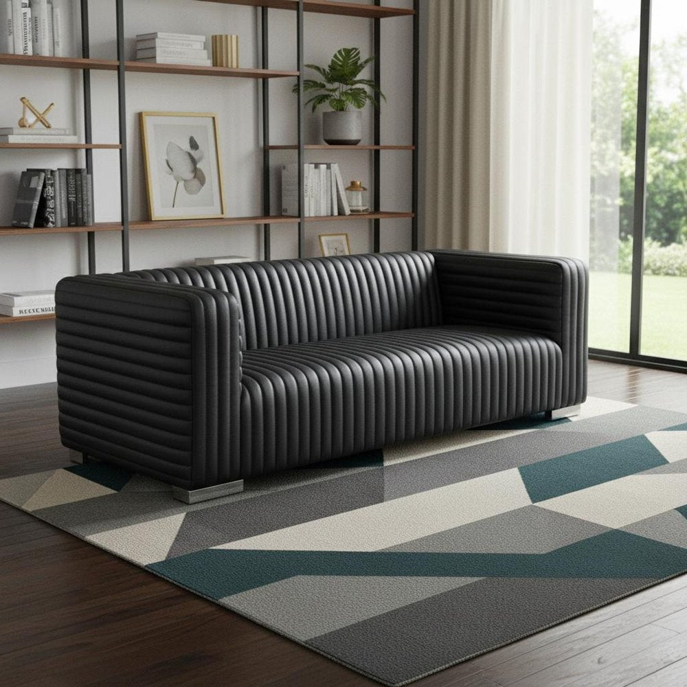 83" Black Leather Sofa With Silver Legs