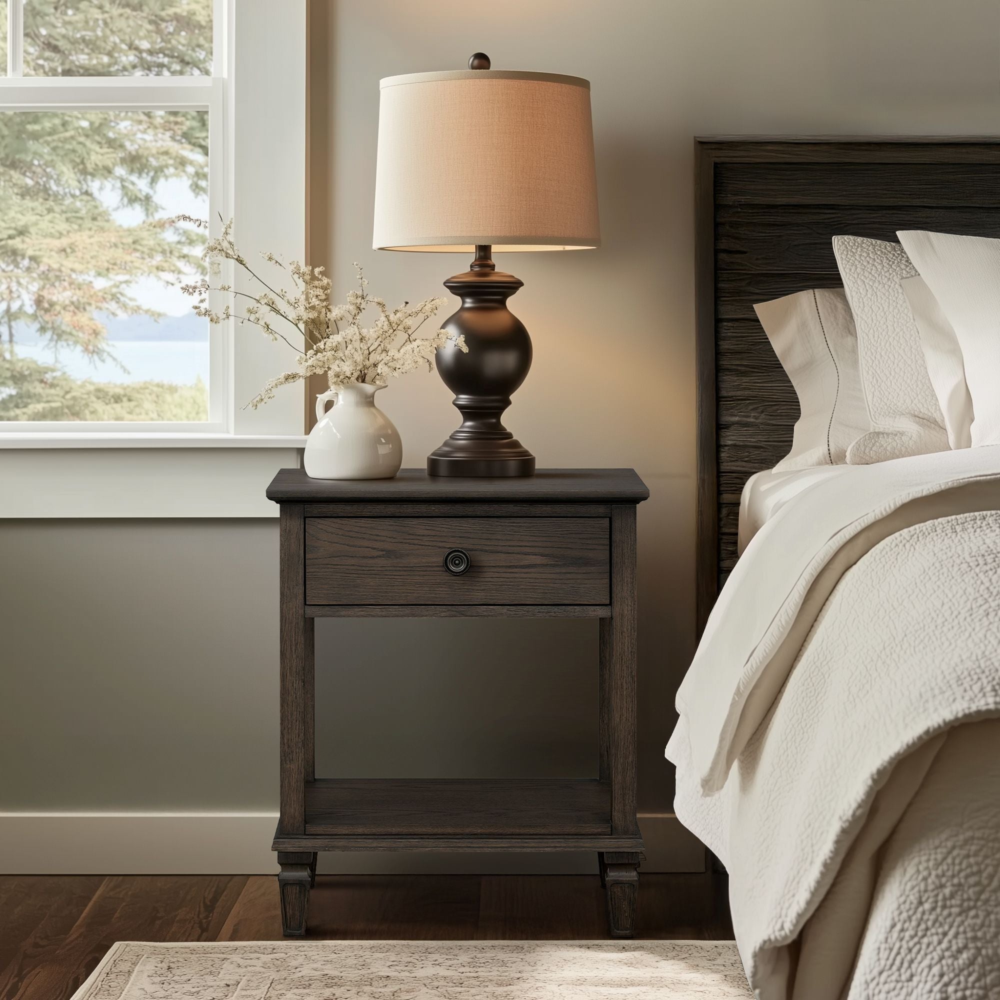 Victoria - One-Drawer Bedside Table With Shelf - Antique Brown