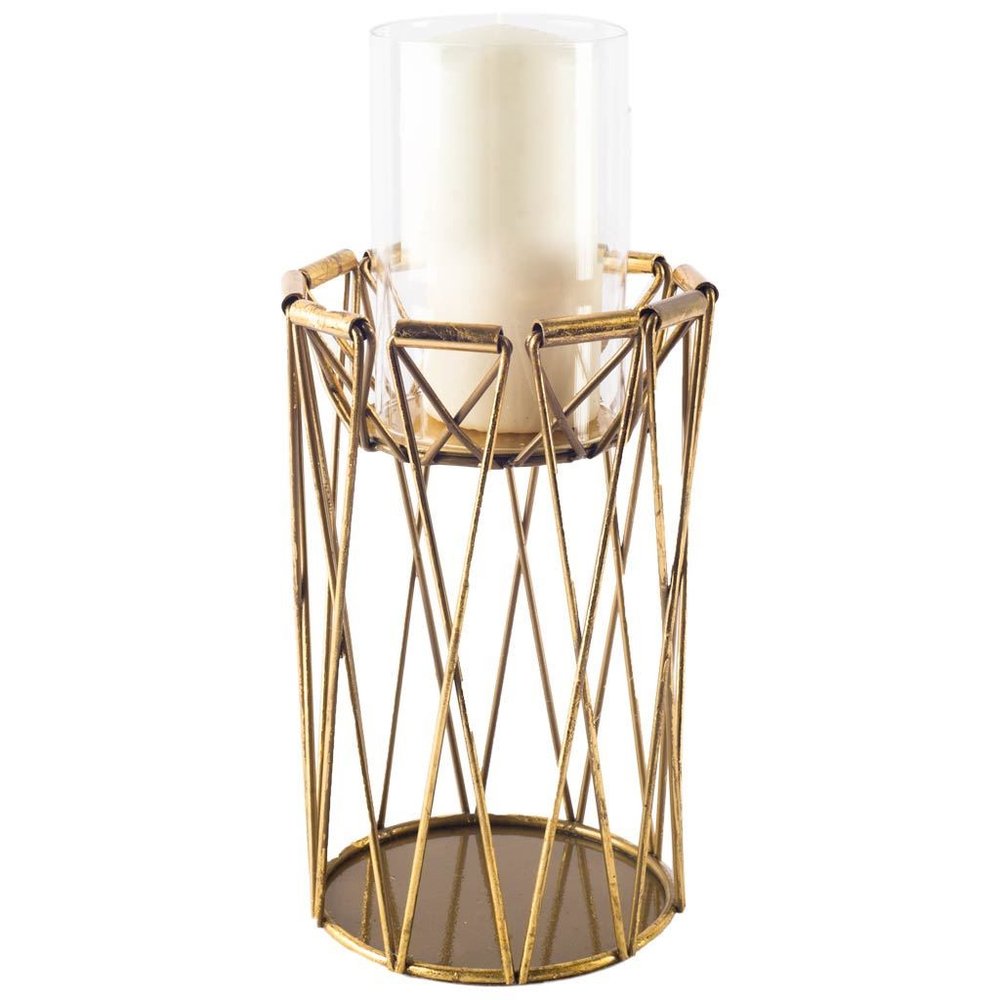 10" Antiqued Brass Distressed Geometric Metal And Glass Tabletop Hurricane Candle Holder
