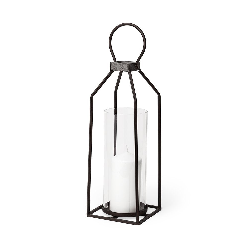 19" Black Distressed Geometric Metal And Glass Tabletop Lantern Candle Holder