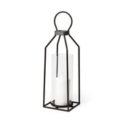 19" Black Distressed Geometric Metal And Glass Tabletop Lantern Candle Holder
