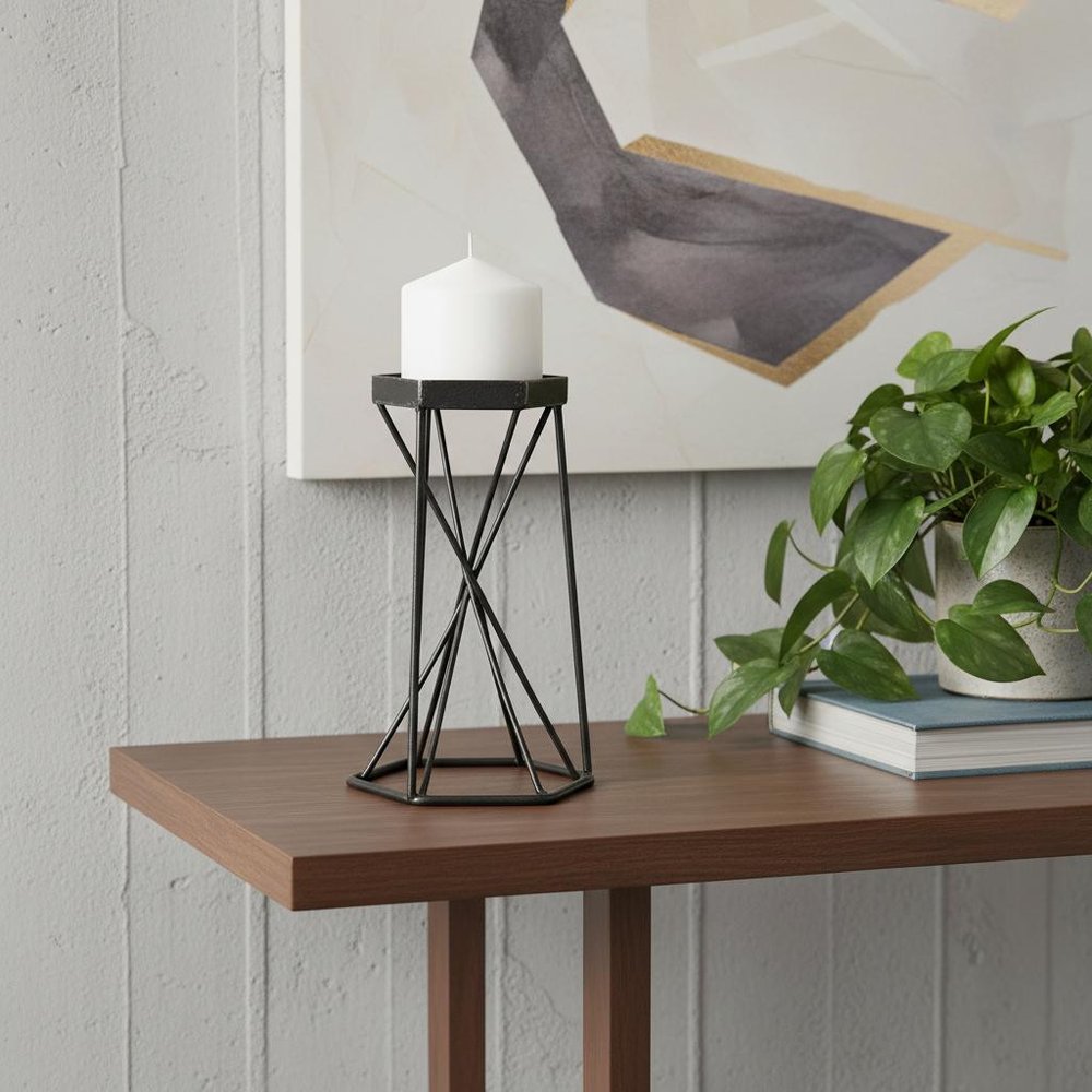 8" Black Distressed Geometric Metal Tabletop Dish Candle Holder