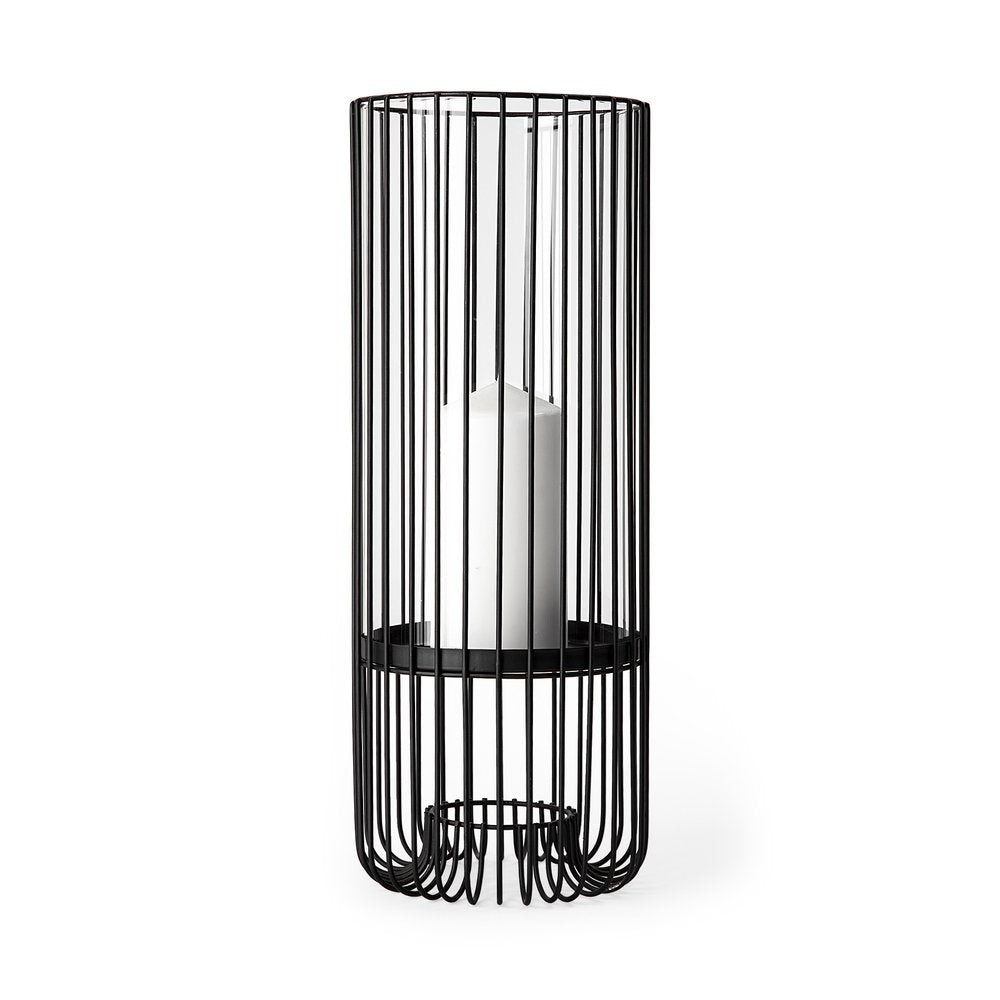 17" Black Abstract Metal And Glass Tabletop Hurricane Candle Holder