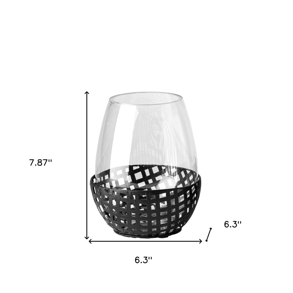 8" Black Woven Metal And Glass Tabletop Hurricane Candle Holder