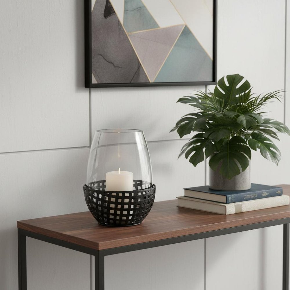 8" Black Woven Metal And Glass Tabletop Hurricane Candle Holder