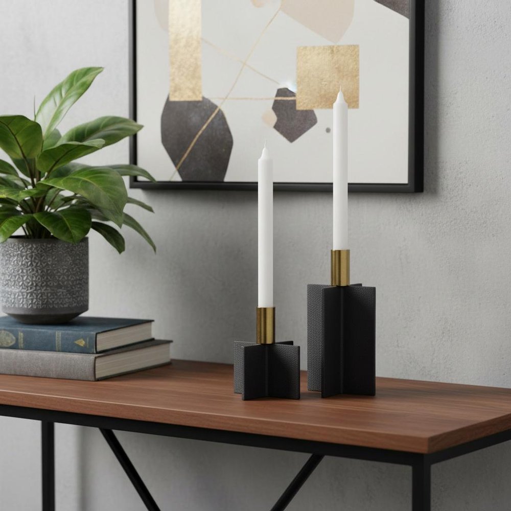 Set of Two Black And Gold Geometric Metal Tabletop Taper Candle Holders