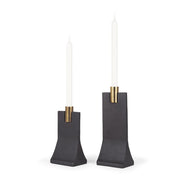 Set of Two Black And Gold Distressed Hammered Metal Tabletop Taper Candle Holders