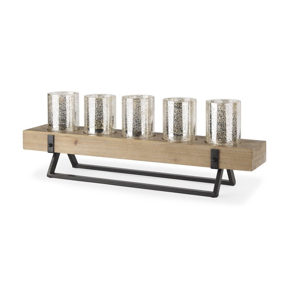 7" Black And Brown Distressed Mirrored Solid Wood Metal And Glass Tabletop Votive Candle Holder
