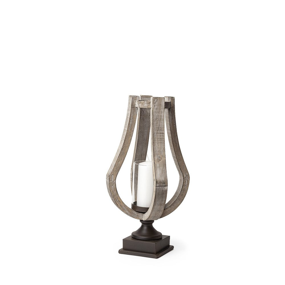17" Brown Distressed Geometric Solid Wood And Metal Tabletop Hurricane Candle Holder