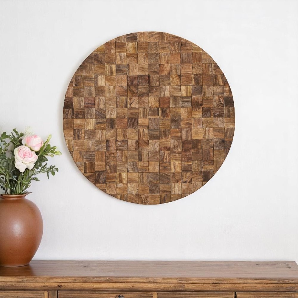 Into the Abyss II 32" X 32" Brown Geometric Wood Circle Hanging Dimensional Sculpture