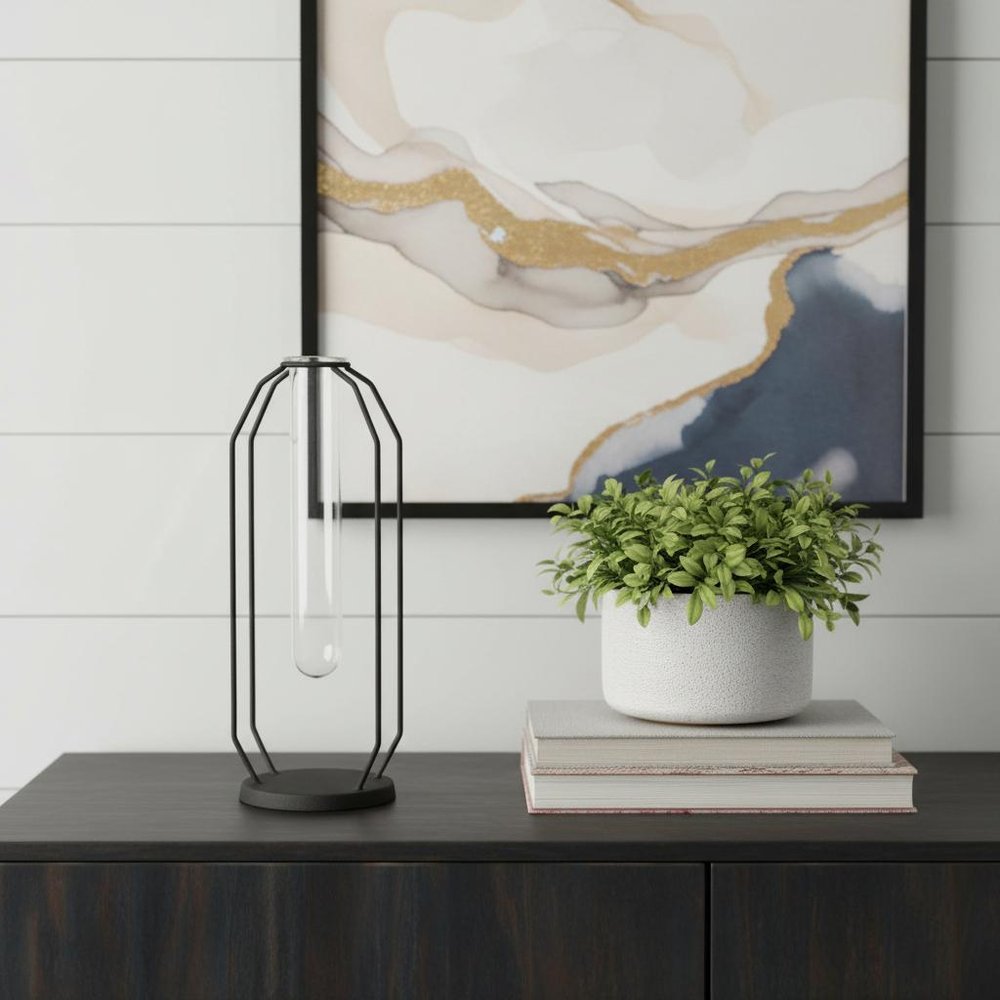 11" Black And Clear Glass And Metal Table Vase