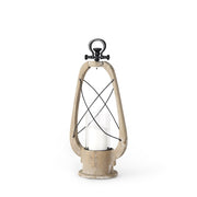 21" Brown And Black Distressed Abstract Solid Wood Metal And Glass Tabletop Lantern Candle Holder