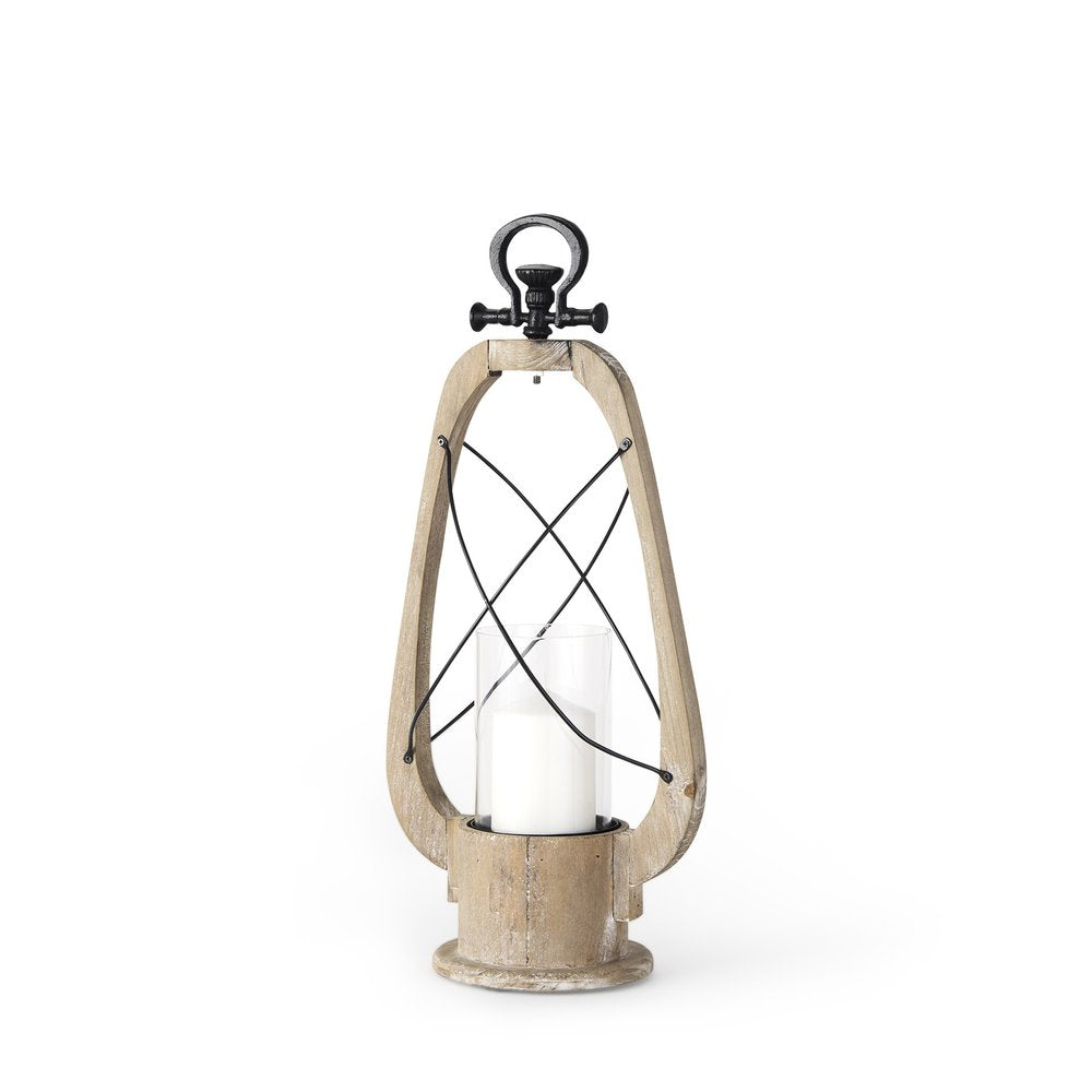 21" Brown And Black Distressed Abstract Solid Wood Metal And Glass Tabletop Lantern Candle Holder
