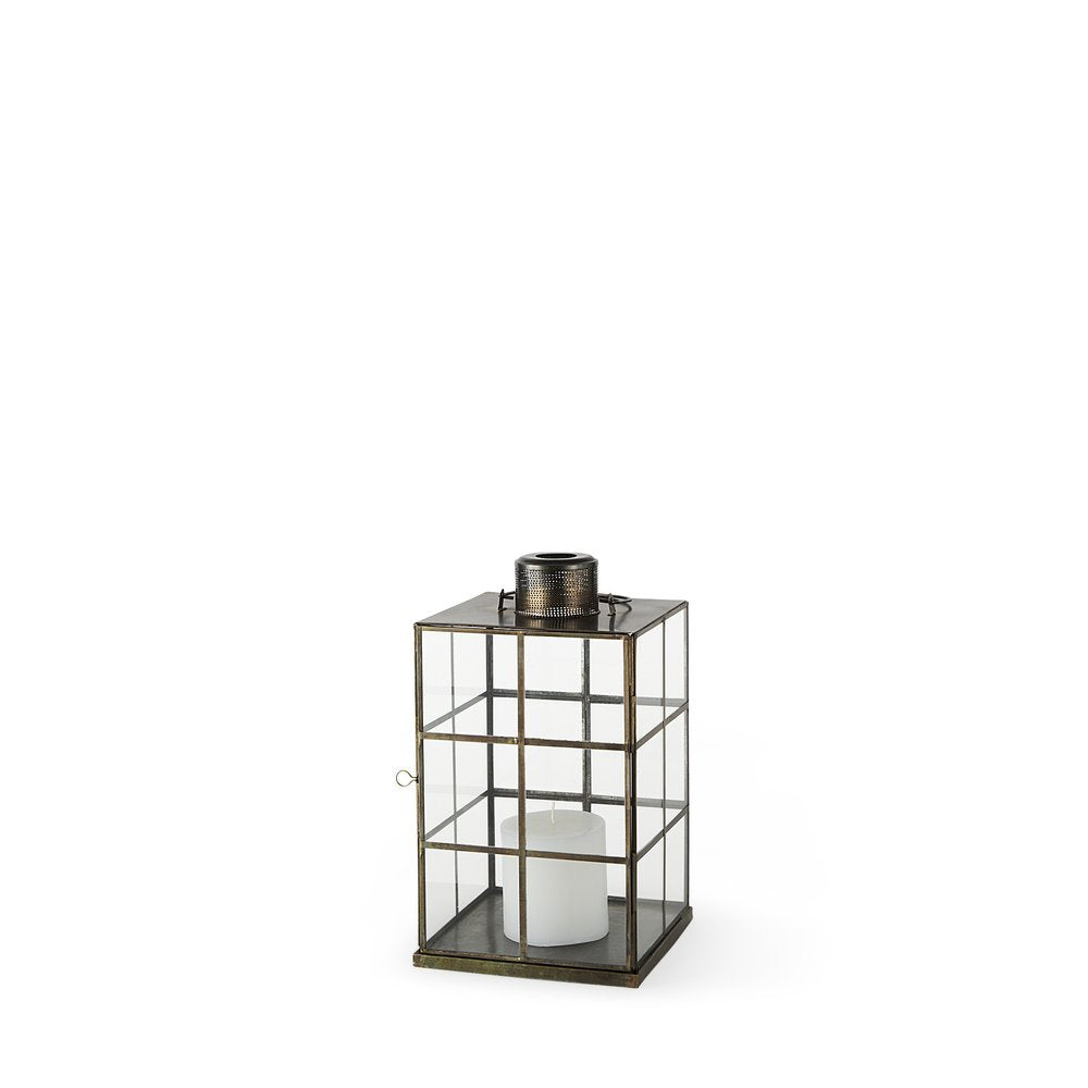 15" Gold Distressed Geometric Metal And Glass Tabletop Lantern Candle Holder