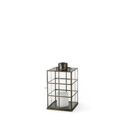 15" Gold Distressed Geometric Metal And Glass Tabletop Lantern Candle Holder