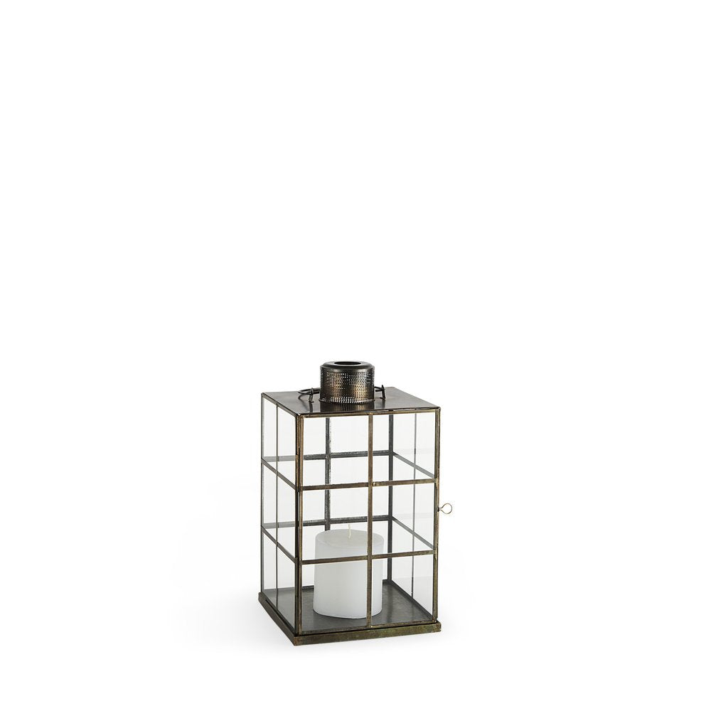 15" Gold Distressed Geometric Metal And Glass Tabletop Lantern Candle Holder