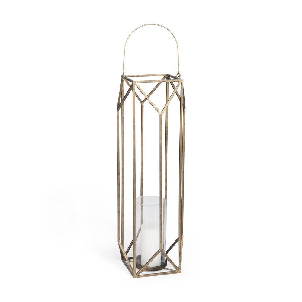 36" Gold Distressed Geometric Metal Tabletop Lantern Candle Holder