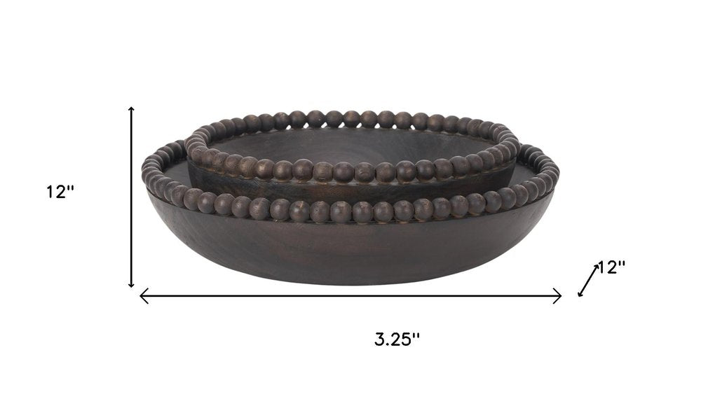 Set of Two Black Solid Wood Beaded Edge Round Centerpiece Bowls