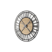 30" Black And Natural Iron And Wood Analog Round Wall Clock