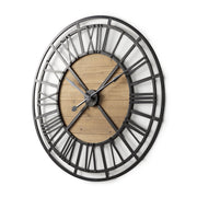 42" Black And Natural Iron And Wood Analog Round Wall Clock