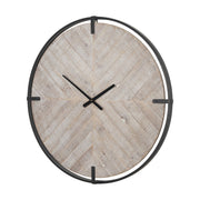 33" Black And Natural Metal And Solid Wood Analog Distressed Round Wall Clock