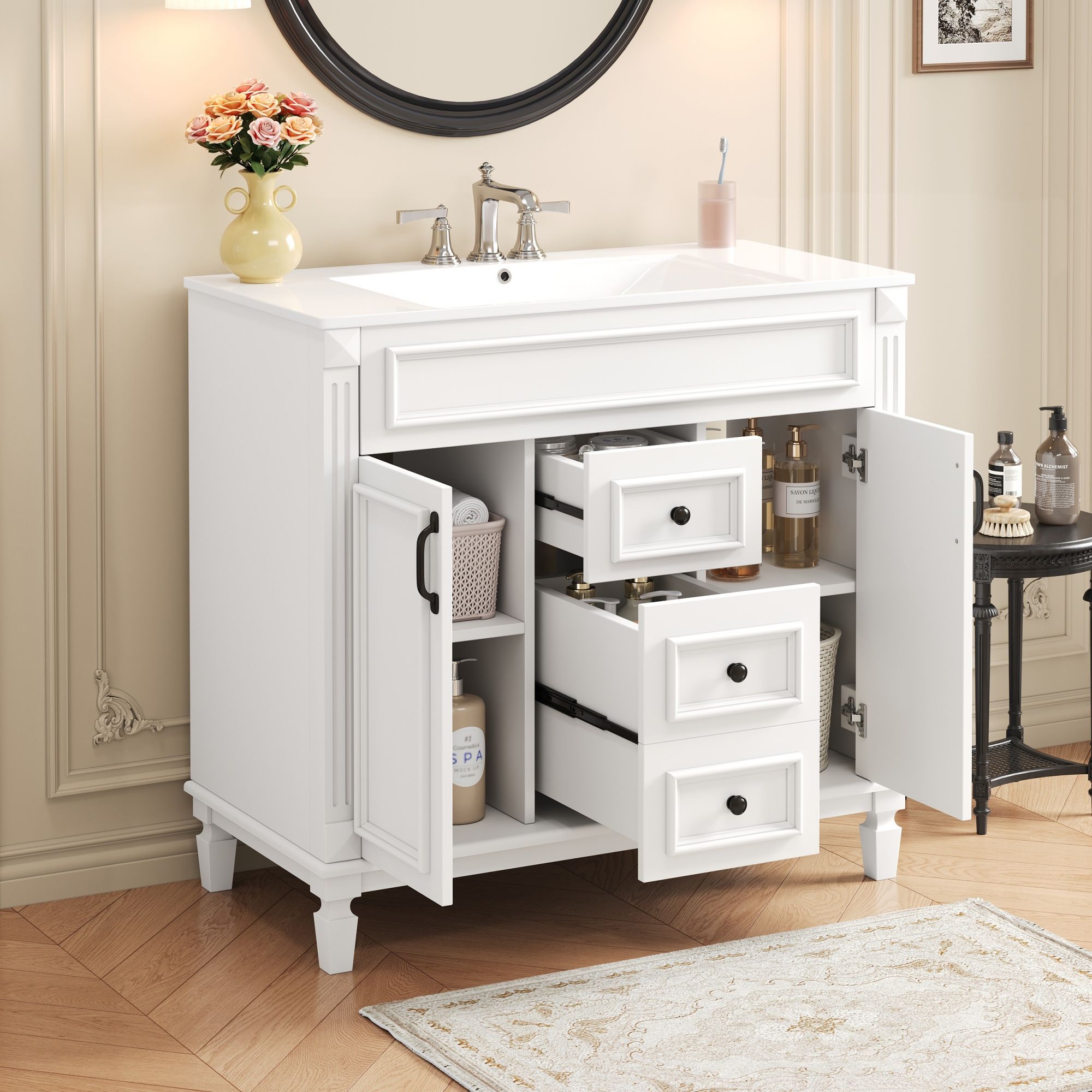 Bathroom Vanity With Top Sink, Basin On Cabinet With 2 Soft Closing Doors And 2 Drawers