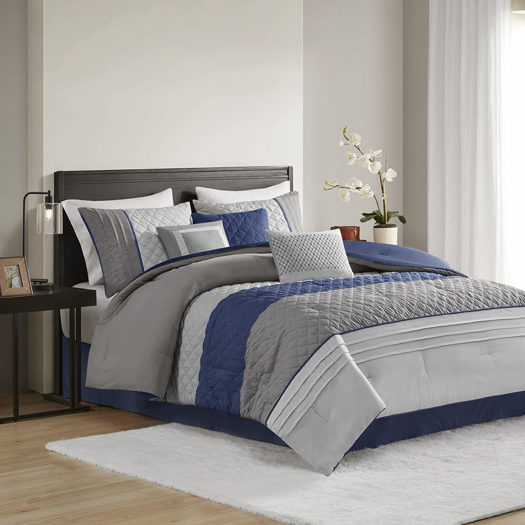 Jenson - 7 Piece Color Block Stripe Comforter Set With Throw Pillows - Blue / Gray