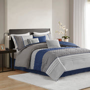 Jenson - 7 Piece Color Block Stripe Comforter Set With Throw Pillows - Blue / Gray