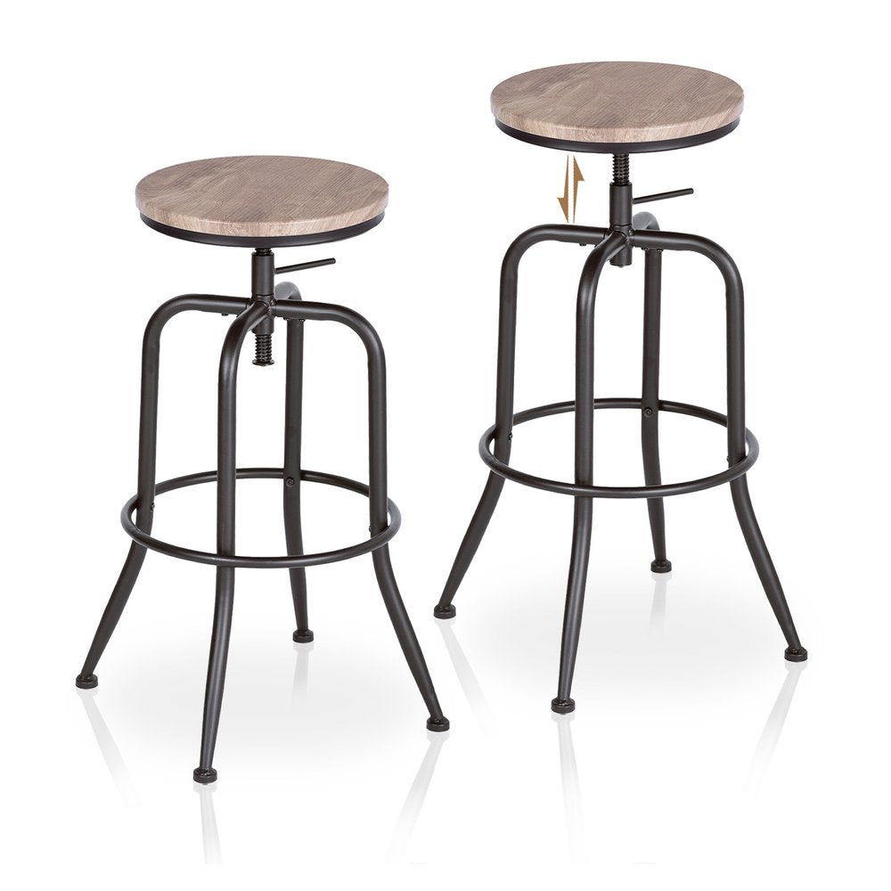 Set of Two Walnut and Black Wood and Iron Backless Adjustable Height Swivel Bar Chairs