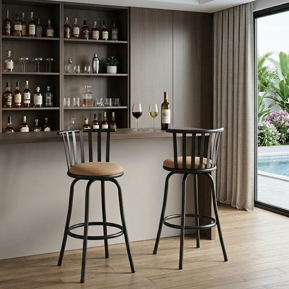 Set of Two Khaki and Black Suede Faux Leather and Iron Low Back Adjustable Height Swivel Bar Chairs