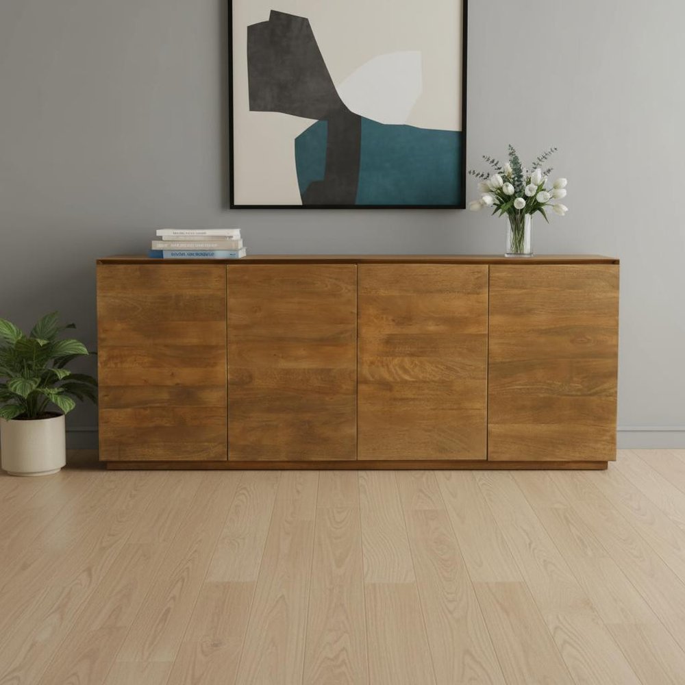 80" Tan Distressed Solid Wood Sideboard With Four Doors