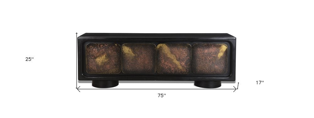 75" Black Distressed Solid Wood Sideboard with Four Doors