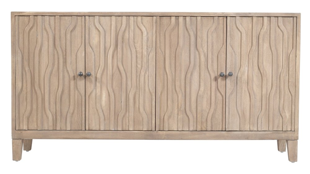 69" Ivory Distressed Reclaimed Wood Carved Geometric Sideboard With Four Doors