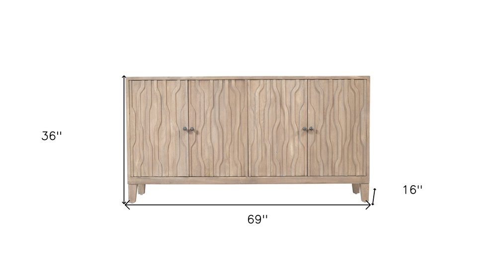 69" Ivory Distressed Reclaimed Wood Carved Geometric Sideboard With Four Doors