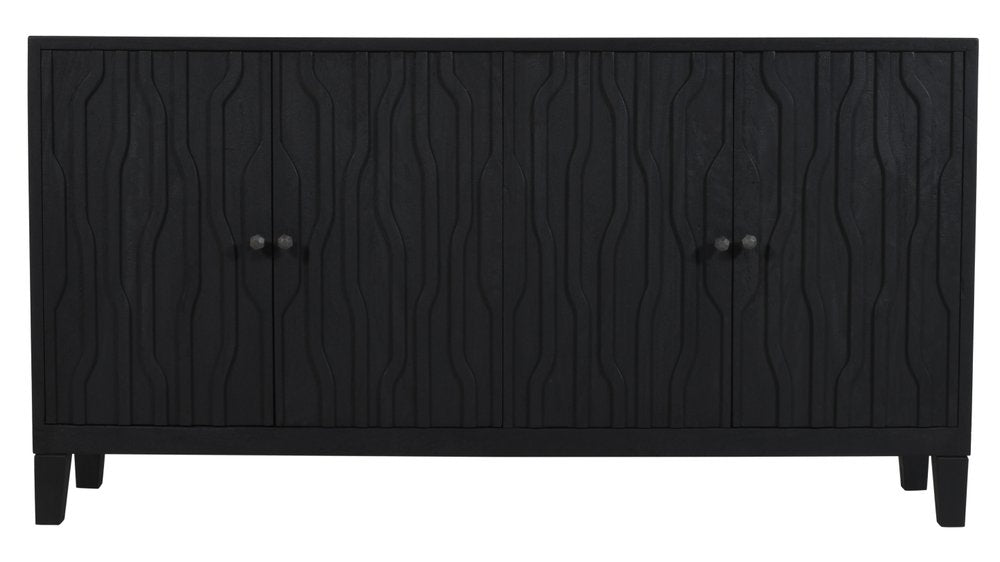69" Graphite Distressed Reclaimed Wood Carved Geometric Sideboard With Four Doors