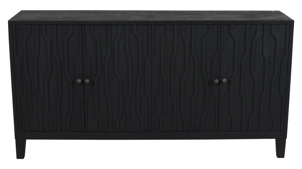 69" Graphite Distressed Reclaimed Wood Carved Geometric Sideboard With Four Doors