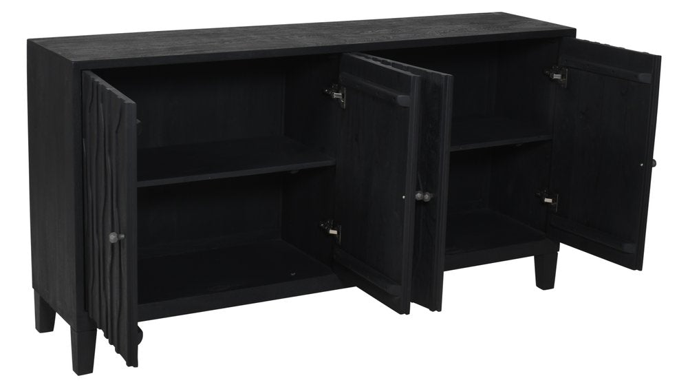 69" Graphite Distressed Reclaimed Wood Carved Geometric Sideboard With Four Doors