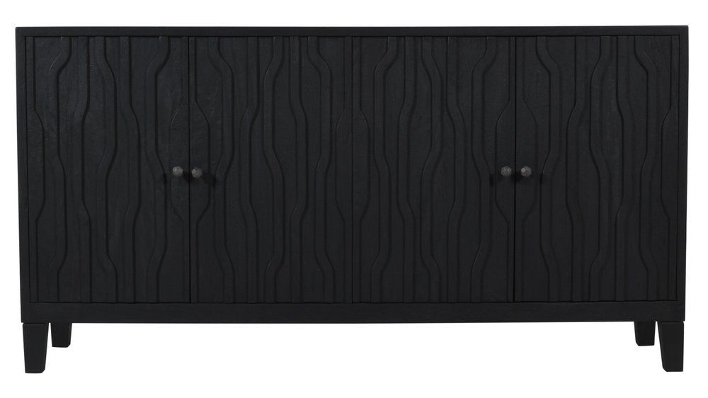 69" Graphite Distressed Reclaimed Wood Carved Geometric Sideboard With Four Doors
